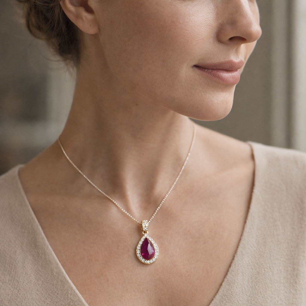 3.85 Ct Pear Ruby 9K Gold Pendant