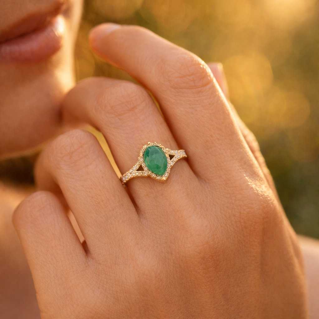 1.55 Ct Pear Emerald 9K Gold Ring